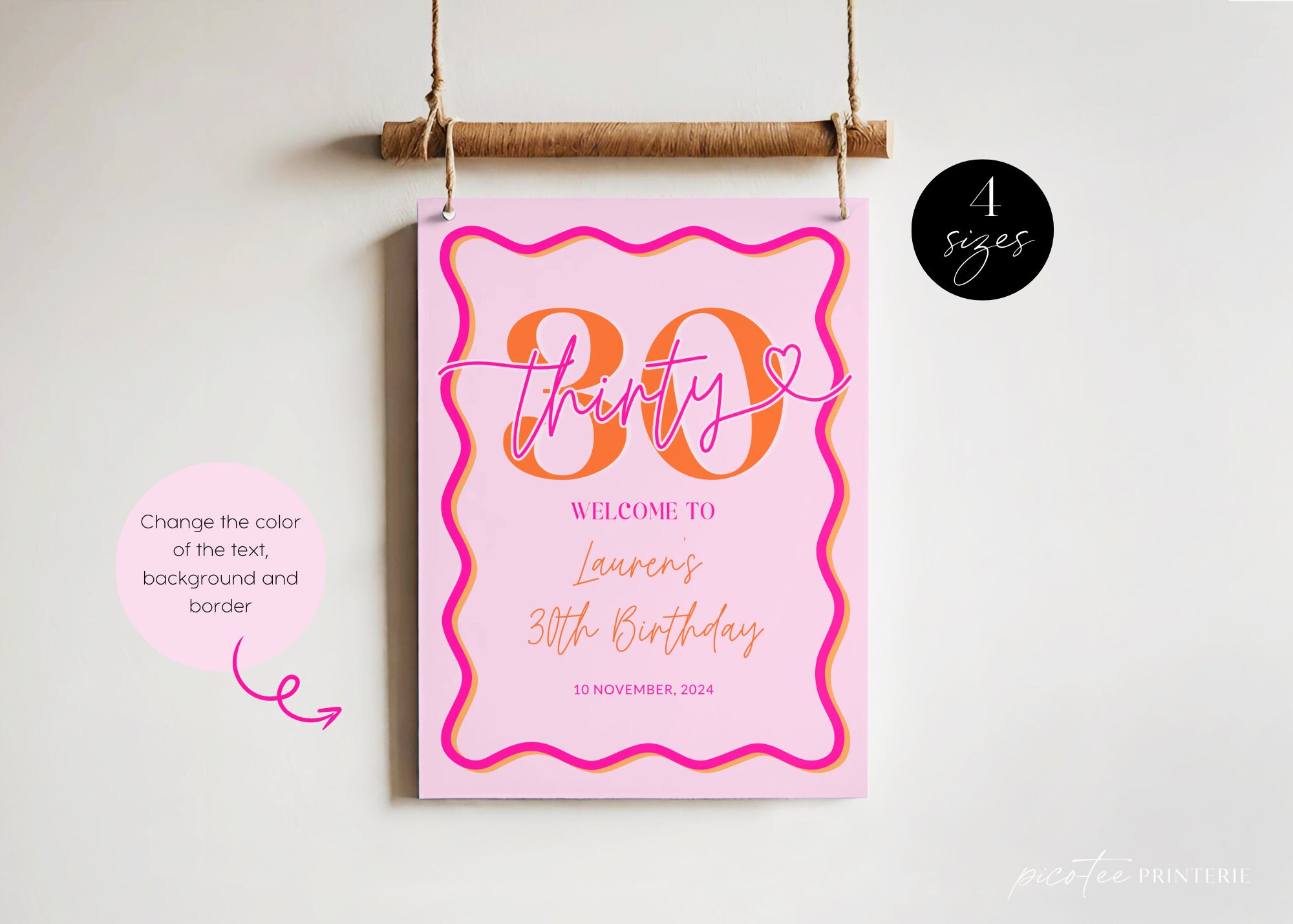 Wavy Border Welcome Sign 30th Birthday for Her, Pink Orange Scalloped ...
