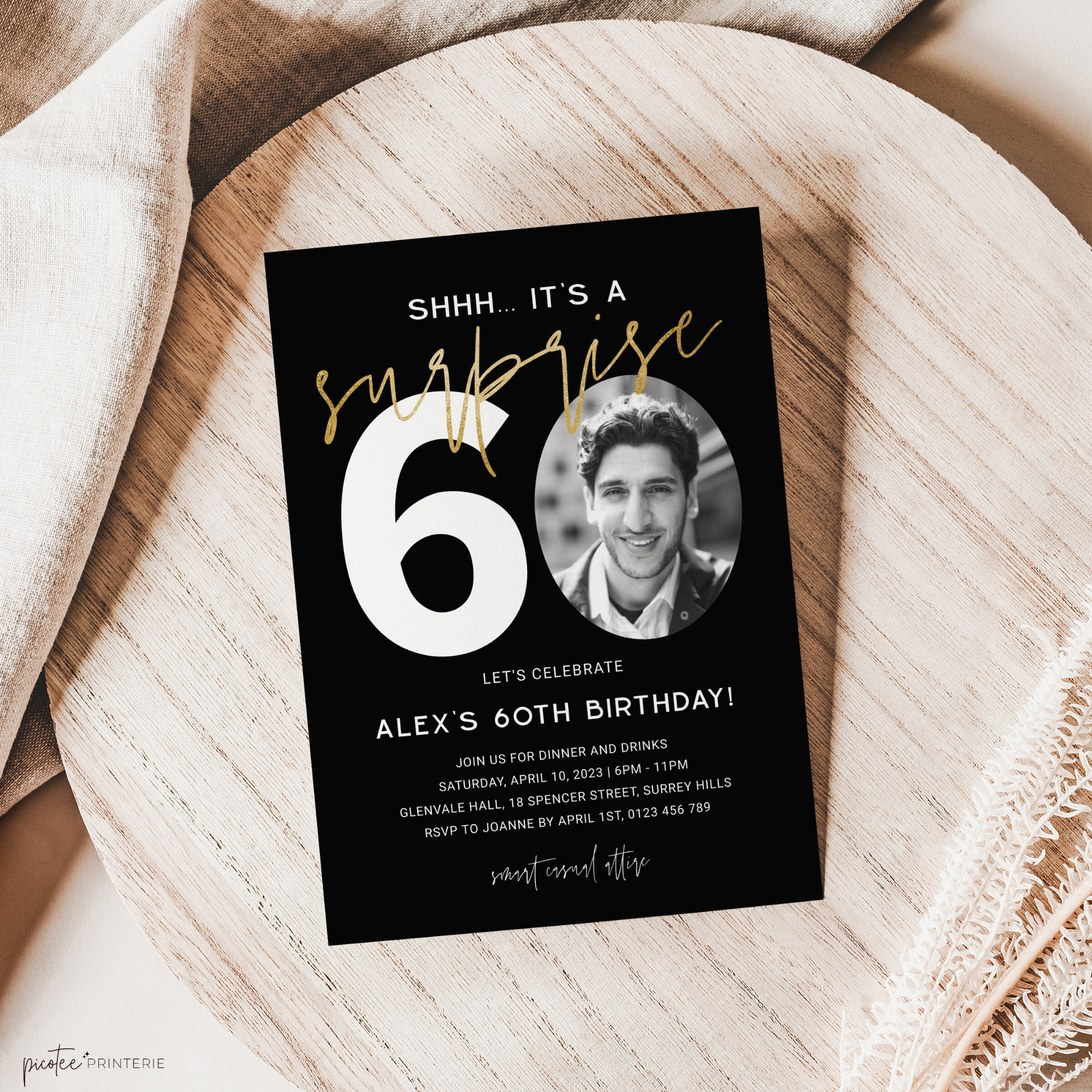 Surprise 60th Birthday Invitation for Him, Minimalist Men Sixty