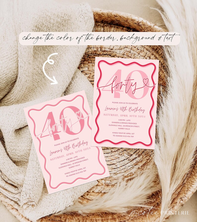 Pink Coral Wavy Border 40th Birthday Invitation for Her, Scalloped 40 ...