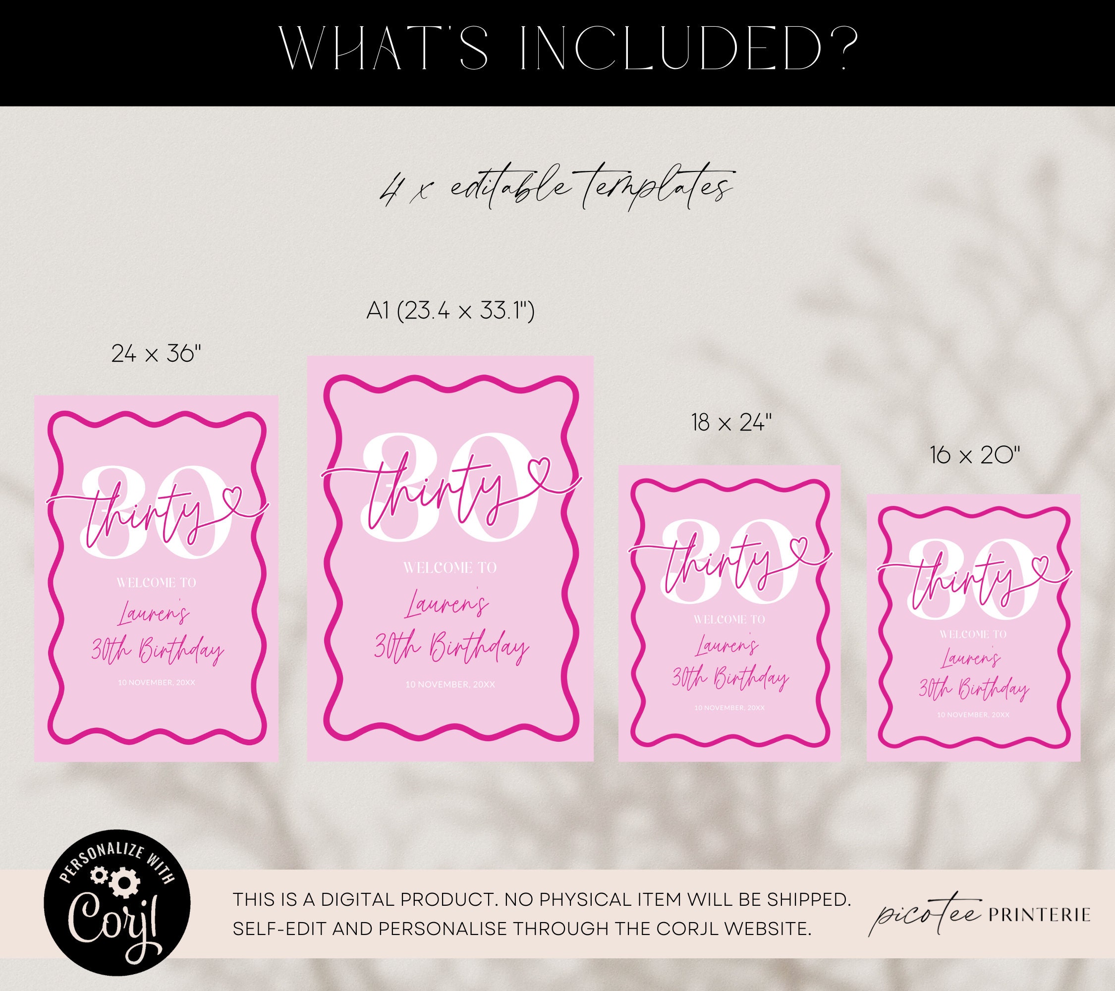Pink 30th Birthday Wavy Border Welcome Sign for Her, Modern Scalloped ...