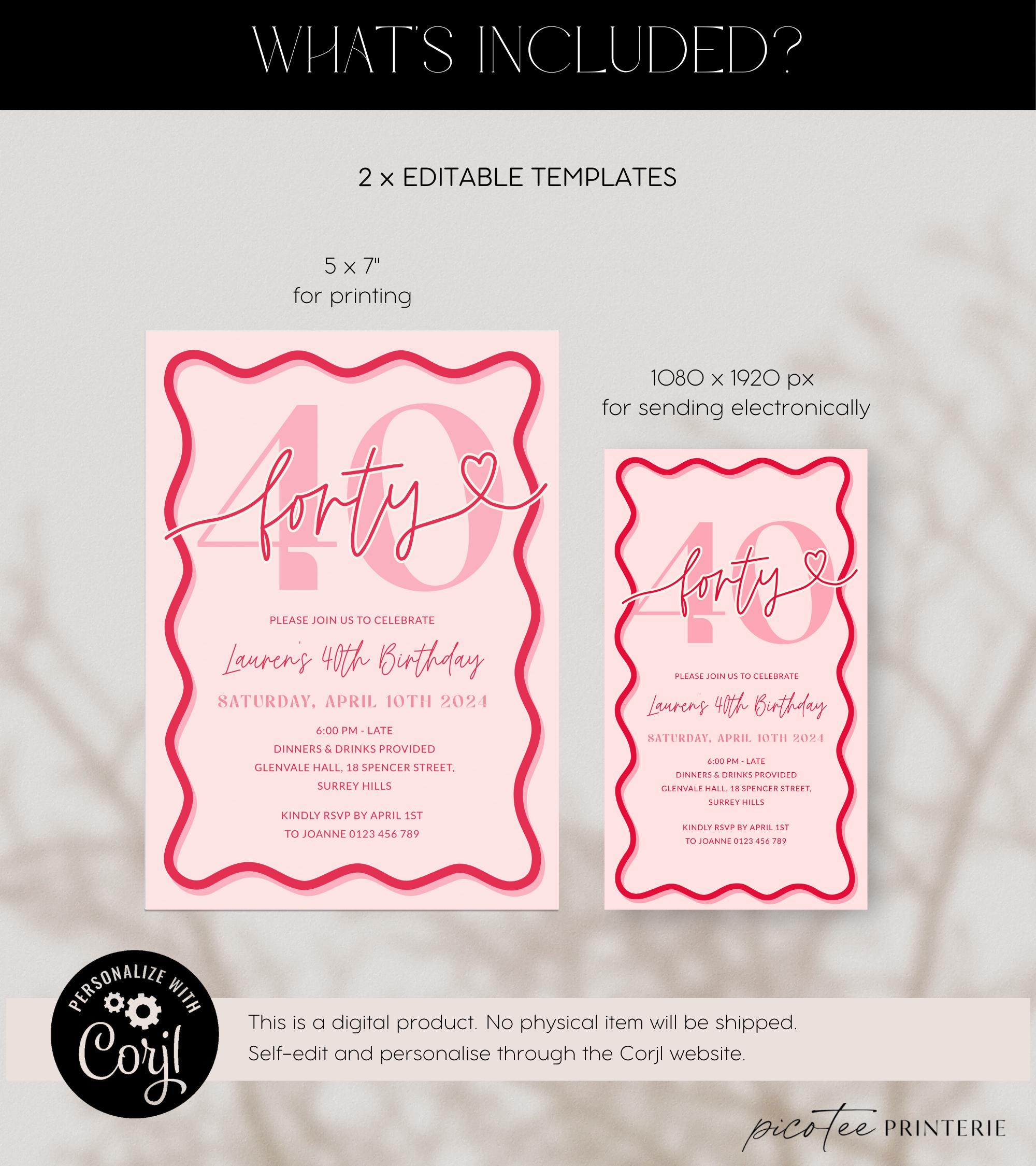Pink Coral Wavy Border 40th Birthday Invitation for Her, Scalloped 40 ...