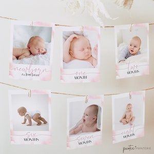 1st Birthday Photo Banner, First Birthday Monthly Milestone Cards, Printable Photo Banner, Instant Download, Pink Watercolor, Corjl PP42
