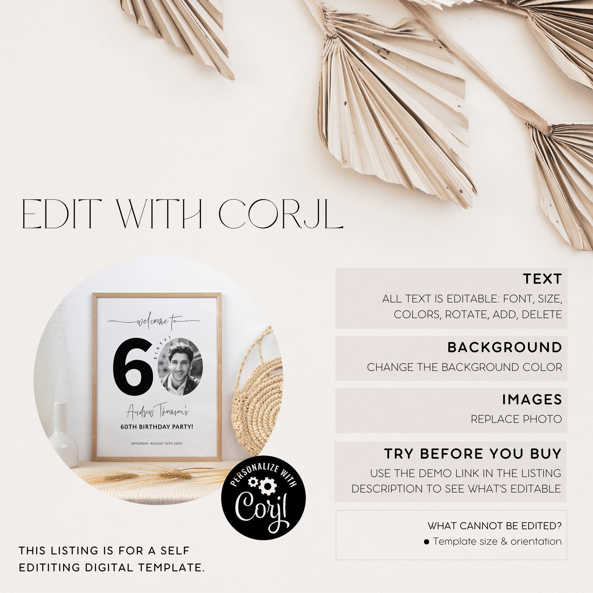 Look Who's 60 Welcome Sign With Photo, Modern Men's 60th Birthday ...