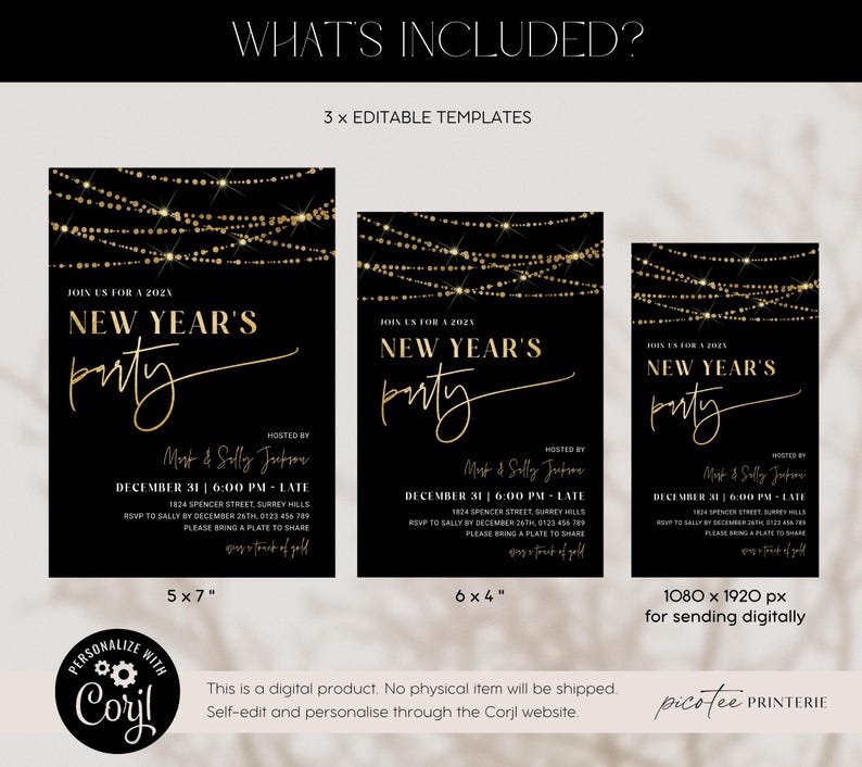 New Years Eve Invitation Template for 2026, Gold Lights NYE Party Invite, Digital and Printable Holiday Celebration Download, Editable Corjl image 4