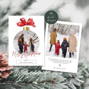 Modern Christmas Photo Card Template, Editable Bauble Merry Christmas Printable, Personalized Holiday Picture Card, Red Ornament, Corjl PP78