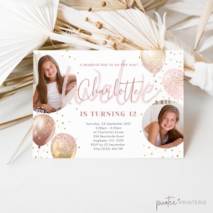Pink Rose Gold Balloon Girls 12th Twelth Birthday Party Invitation with Photo. Editable Printable Digital Instant Template Corjl PP029