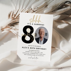 Surprise Birthday Invitation Adult, Minimalist 80th Birthday Invitation with Photo, Mens Birthday Invite, Shhh, Instant Download, Corjl PP45