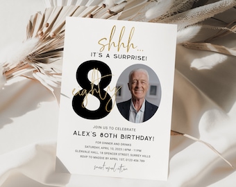 Surprise Birthday Invitation Adult, Minimalist 80th Birthday Invitation with Photo, Mens Birthday Invite, Shhh, Instant Download, Corjl PP45