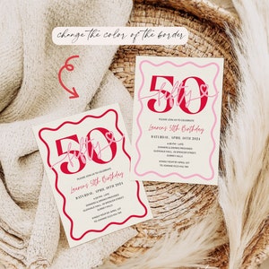Pu&ograve; includere: Un invito rosa e rosso su sfondo bianco. La carta presenta il numero 50 con la parola "fifty" scritta in corsivo. Il testo sulla carta recita: "Si prega di unirsi a noi per celebrare il 50&deg; compleanno di Lauren. Sabato 10 aprile 2024. 16:00 - Tardi. Cena e bevande fornite. Glenvale Hall, 18 Spencer Street, Surrey Hills. Si prega di confermare la propria presenza entro il 1&deg; aprile a Joanne 0123 456 789."