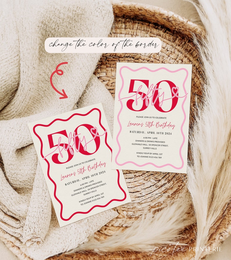 Pu&ograve; includere: Un invito rosa e rosso su sfondo bianco. La carta presenta il numero 50 con la parola "fifty" scritta in corsivo. Il testo sulla carta recita: "Si prega di unirsi a noi per celebrare il 50&deg; compleanno di Lauren. Sabato 10 aprile 2024. 16:00 - Tardi. Cena e bevande fornite. Glenvale Hall, 18 Spencer Street, Surrey Hills. Si prega di confermare la propria presenza entro il 1&deg; aprile a Joanne 0123 456 789."