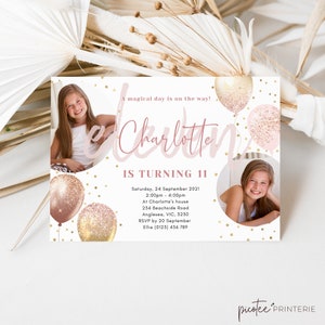 Pink Rose Gold Balloon Girls 11th Eleventh Birthday Party Invitation with Photo. Editable Printable Digital Instant Template Corjl PP029