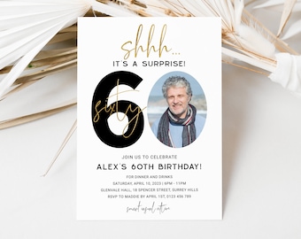 Surprise Birthday Invitation Adult, Minimalist 60th Birthday Invitation with Photo, Mens Birthday Invite, Shhh, Instant Download, Corjl PP45