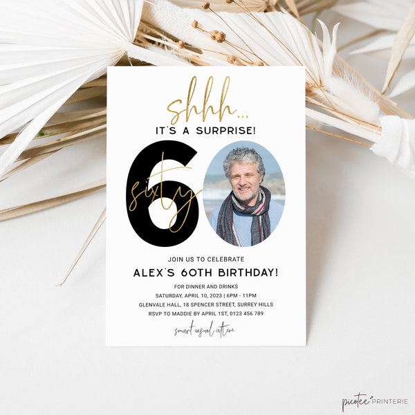 Surprise Birthday Invitation Adult, Minimalist 60th Birthday Invitation with Photo, Mens Birthday Invite, Shhh, Instant Download, Corjl PP45