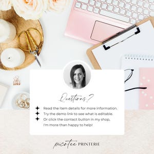 May include: Overhead shot of a workspace with a pink laptop, clipboard, and notepad. A wooden tray holds candles, gold scissors, and flowers. The image includes the text "Questions?" and a list of instructions.
