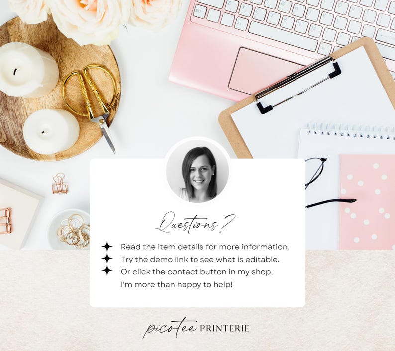 May include: Overhead shot of a workspace with a pink laptop, clipboard, and notepad. A wooden tray holds candles, gold scissors, and flowers. The image includes the text "Questions?" and a list of instructions.