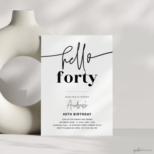 May include: Black and white birthday invitation with the text "hello forty" and "Andrew's 40th Birthday". The invitation includes details for a dinner and drinks party on Saturday, April 10, 2024 at 6pm. The location is Glenvale Hall, 18 Spencer Street, Surrey Hills. RSVP to Sarah by April 1st, 0123 456 789.