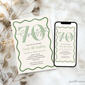 May include: An invitation for a 70th birthday celebration. The design features a cream background with a green wavy border and text. The invitation includes the event details and RSVP information. A smartphone displays the same invitation.