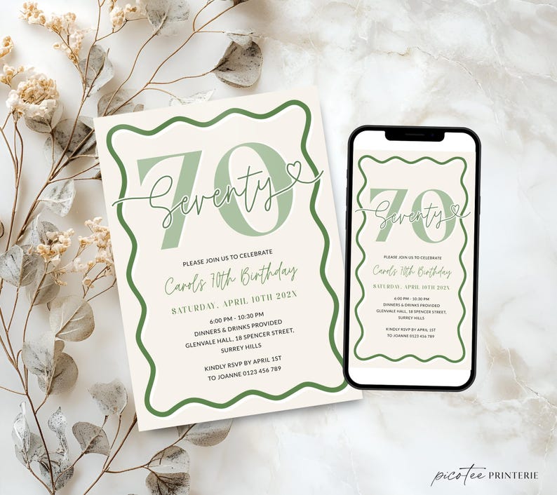 May include: An invitation for a 70th birthday celebration. The design features a cream background with a green wavy border and text. The invitation includes the event details and RSVP information. A smartphone displays the same invitation.