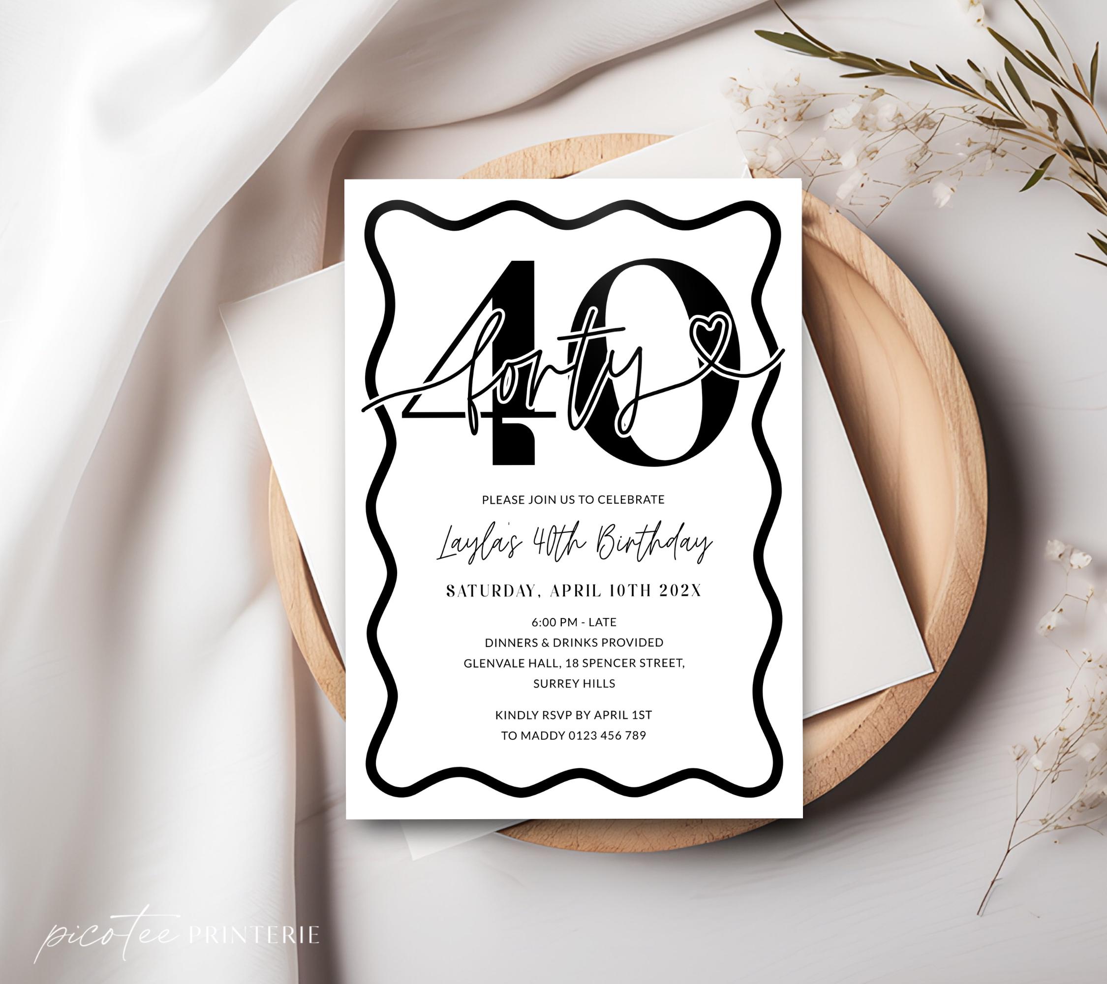 Minimalist Black White Wavy Border 40th Birthday Invitation Printable ...