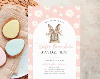 Easter Egg Hunt And Brunch Invite Template, Arch Easter Party Invitation Digital, Editable Bunny Printable, Pink Flower Spring, Corjl PP82