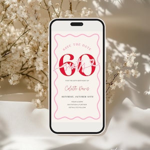 Wavy Save The Date Wavy 60th Invitation Women, Pink Scalloped Border 60 Birthday Invite for Her Digital, Modern Editable Sixty, Corjl PP84