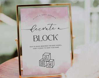 Pink Decorate A Block Baby Shower Sign, Minimalist Sign Printable, Decorate A Block For Baby Game, Build Memories Block Activity, Corjl PP55