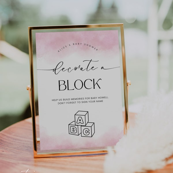 Pink Decorate A Block Baby Shower Sign, Minimalist Sign Printable, Decorate A Block For Baby Game, Build Memories Block Activity, Corjl PP55