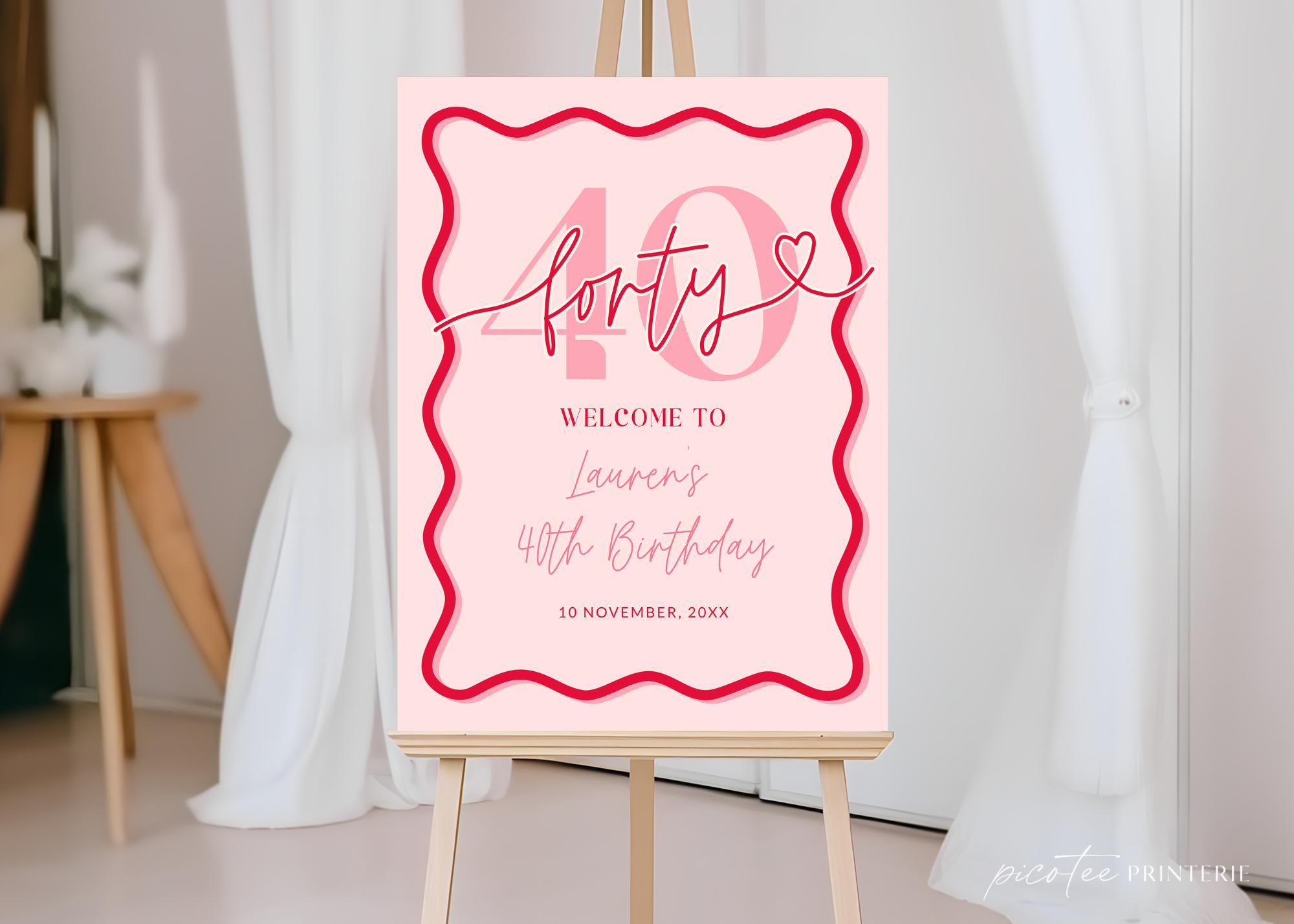 Wavy Border Welcome Sign 40th Birthday for Her, Pink Coral Scallop 40 ...