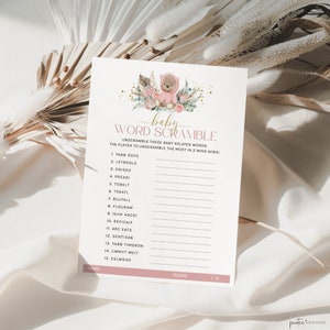 Baby Word Scramble Baby Shower Game, Boho Baby Shower Girl, Pink Teddy Bear, Printable Word Game Template, Editable Quiz Activity Corjl PP53
