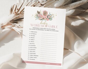 Baby Word Scramble Baby Shower Game, Boho Baby Shower Girl, Pink Teddy Bear, Printable Word Game Template, Editable Quiz Activity Corjl PP53
