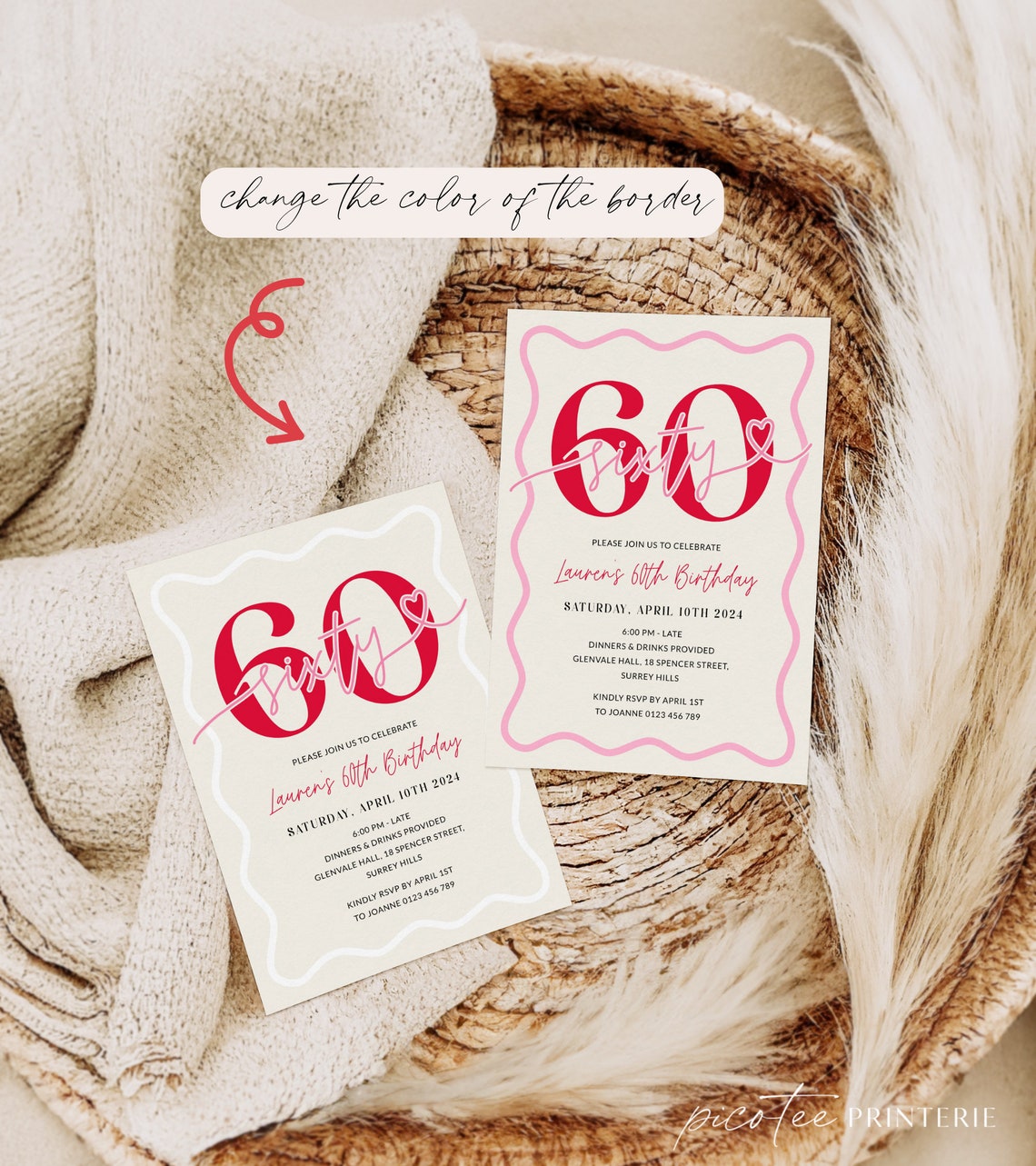 Border Design 60th Wavy Border 60th Birthday Invitation Women, Modern Scalloped 60th Party ...