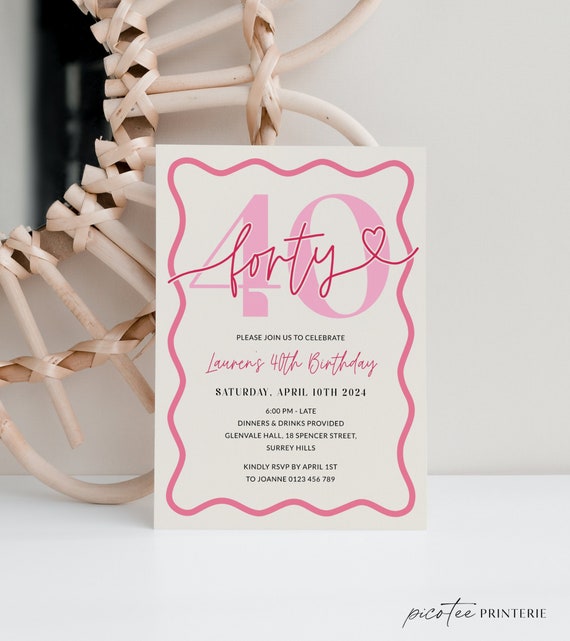 Pink Wavy Border 40th Birthday Invitation Women, Scalloped 40th Party Invite for Her Printable, Modern Editable Forty Digital, Corjl PP84