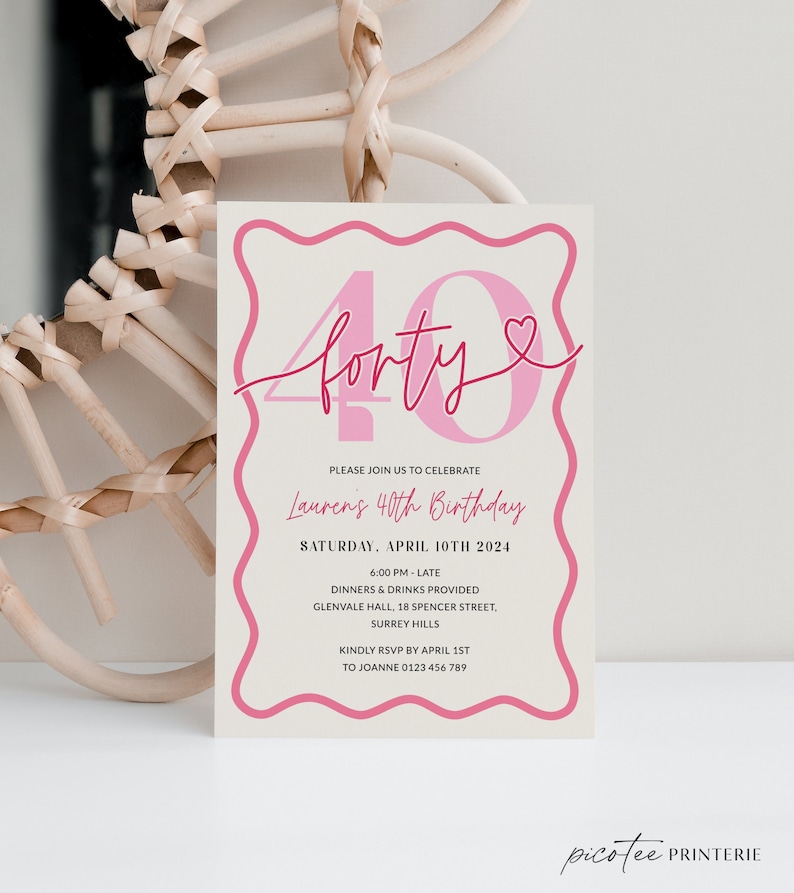 May include: A pink and white invitation card with the text "forty" in a pink script font with a small heart. The invitation is for Lauren's 40th birthday party on Saturday, April 10th, 2024 at 6:00 PM. The party will be held at Glenvale Hall, 18 Spencer Street, Surrey Hills. RSVP by April 1st to Joanne 0123 456 789.