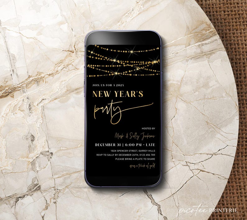New Years Eve Invitation Template for 2026, Gold Lights NYE Party Invite, Digital and Printable Holiday Celebration Download, Editable Corjl image 8