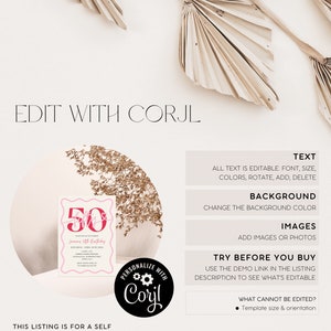 Pu&ograve; includere: Un modello di invito stampabile rosa e bianco per una festa di compleanno di 50 anni. L'invito presenta il numero 50 in un carattere corsivo rosa e bianco. Il testo "Lauren's 50th Birthday" &egrave; incluso. L'invito &egrave; modificabile utilizzando la piattaforma Corjl.