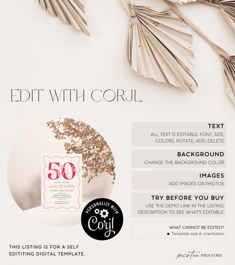 Pu&ograve; includere: Un modello di invito stampabile rosa e bianco per una festa di compleanno di 50 anni. L'invito presenta il numero 50 in un carattere corsivo rosa e bianco. Il testo "Lauren's 50th Birthday" &egrave; incluso. L'invito &egrave; modificabile utilizzando la piattaforma Corjl.