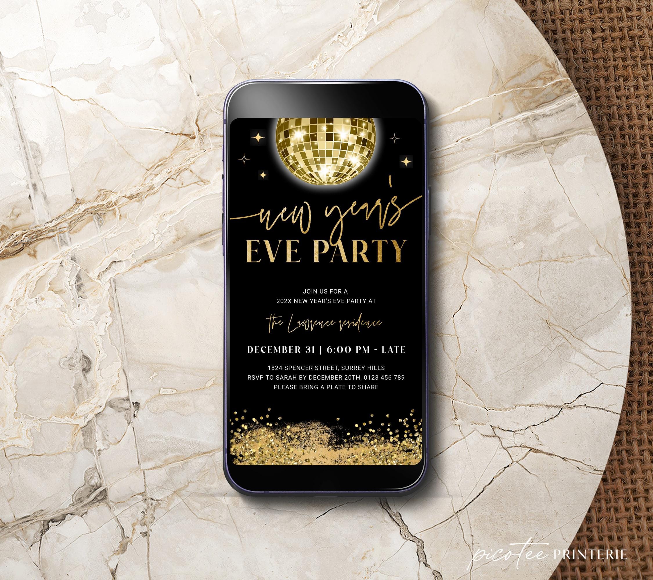 Digital Gold New Years Eve Invitation for 2026, Electronic NYE Party Disco Ball  Invite, Glitter Holiday Celebration Download, Editable Corjl - Etsy
