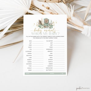 Who&#39;s My Baby Game, Sage Green Bear Baby Shower, Baby Animal Game, Boho Teddy Bear, Who Is My Mama, Animal Match, Gender Neutral, Corjl PP51