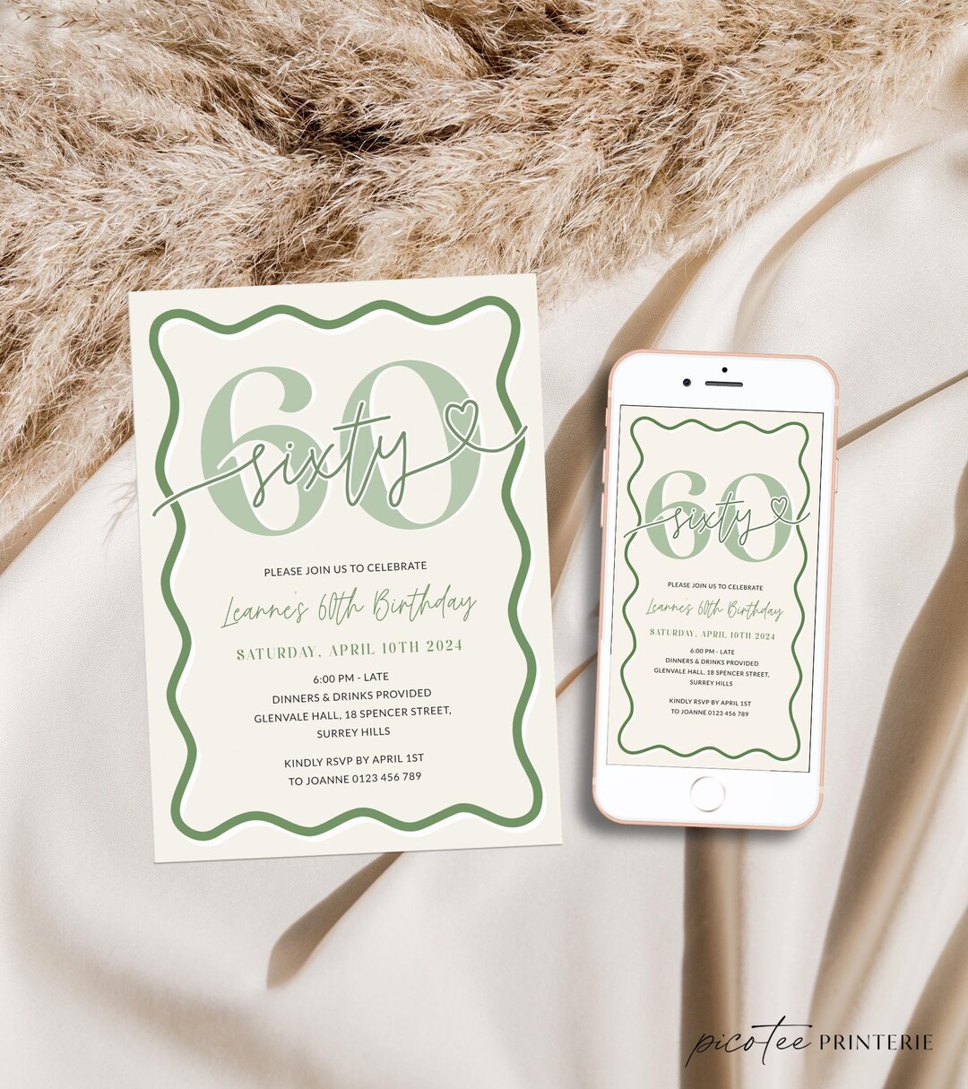 Wavy Border 60th Birthday Invitation Women, Sage Green Scalloped 60 ...
