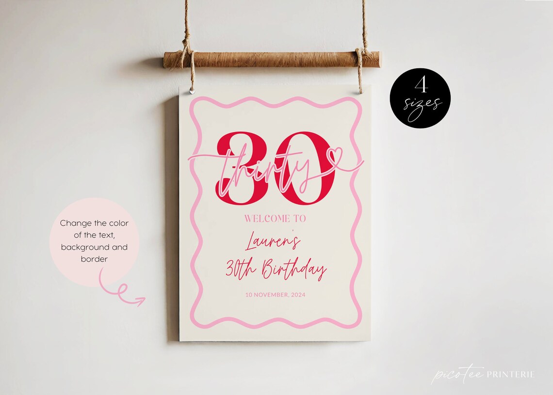 Wavy Border Welcome Sign 30th Birthday Women, Pink Scalloped 30th ...