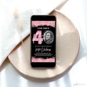 40th Birthday evite for her, 40 Birthday Invitation for Women Editable, Digital Forty Invite with Photo, Electronic, Pink Glitter Corjl PP46