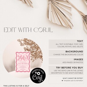 May include: A pink and white digital invitation template for a 30th birthday party. The text reads "Thirty" with a pink heart. The template is editable with Corjl. The text says "All text is editable: font, size, colors, rotate, add, delete. Background: Change the background color. Images: Add images or photos. Try before you buy: Use the demo link in the listing description to see what's editable. What cannot be edited? Template size & orientation."