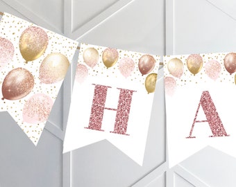Rose Gold Balloon Bunting Flag Pennant Sign, Printable Instant Download. Pink Glitter, Party Banner. Matching Party Decor. PP029