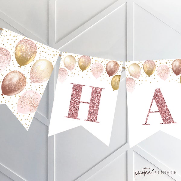 Rose Gold Balloon Bunting Flag Pennant Sign, Printable Instant Download. Pink Glitter, Party Banner. Matching Party Decor. PP029