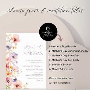 May include: A printable invitation template for a Mother's Day brunch. The invitation features a watercolor floral design with pink, purple, and yellow flowers. The text on the invitation reads "Mom's & Mimosa's" and includes the date and time of the event. The invitation also includes six different titles for the event, such as "Mother's Day Brunch" and "Bubbly & Brunch".
