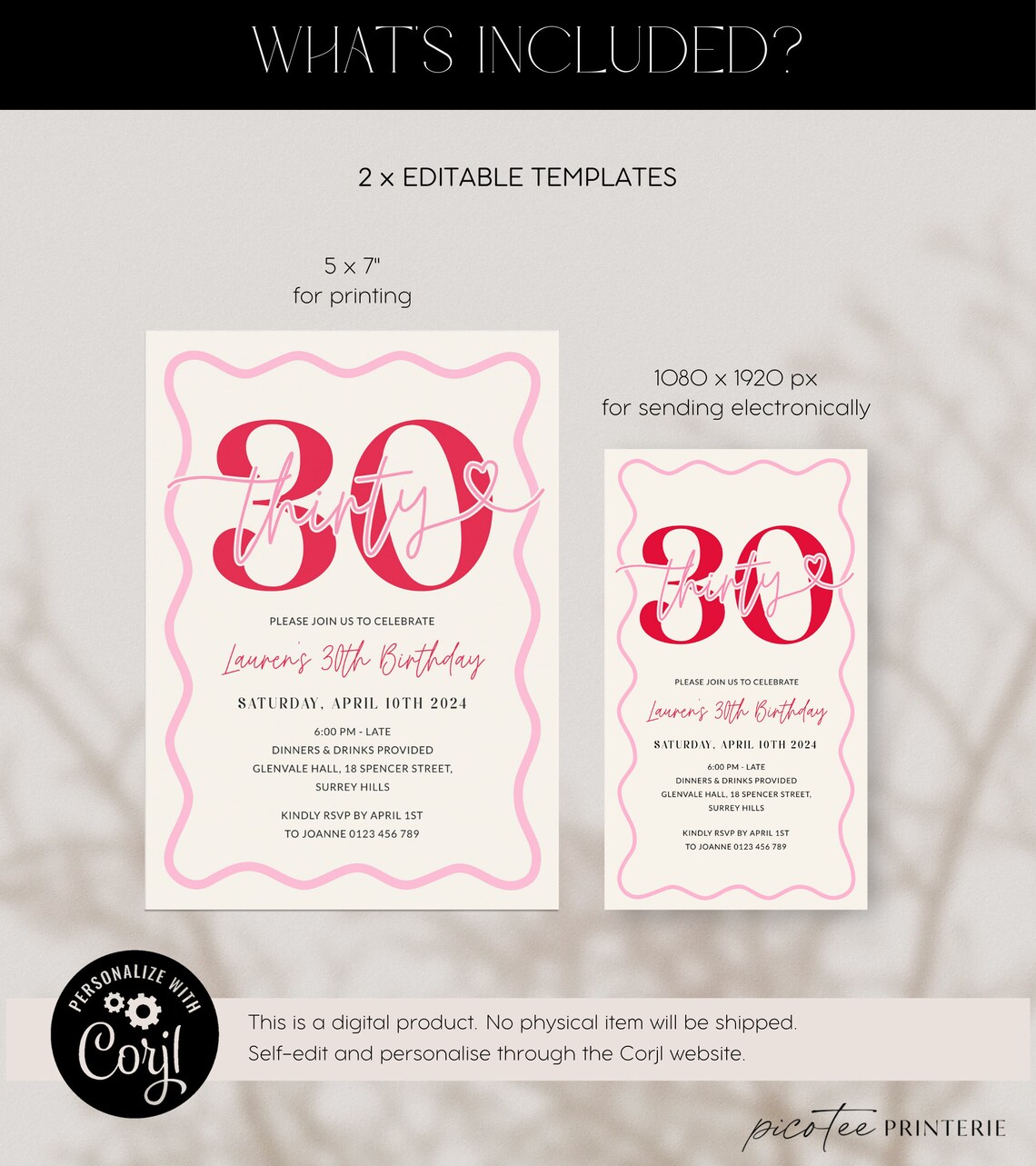 Wavy Border 30th Birthday Invitation Women, Modern Scalloped 30th Party ...