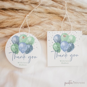 Party Favor Gift Tag, Boy Thank You Tags, Blue Green Silver Balloon, Editable Instant Download, Square Circle Thanks Tag, Favour Corjl PP32