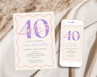 May include: A digital invitation for a 40th birthday party. The invitation is designed with a purple and pink color scheme and features the number 40 with a heart. The text on the invitation reads "Please join us to celebrate Lauren's 40th Birthday. Saturday, April 10th 2024. 6:00 PM - Late. Dinners & Drinks Provided. Glenvale Hall, 18 Spencer Street, Surrey Hills. Kindly RSVP by April 1st to Joanne 0123 456 789."