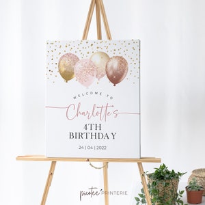 Pink & Rose Gold Balloon Welcome Sign Template, Birthday Party Sign, Editable Printable Instant, 16x20 A3, Matching Party Decor, Corjl PP029