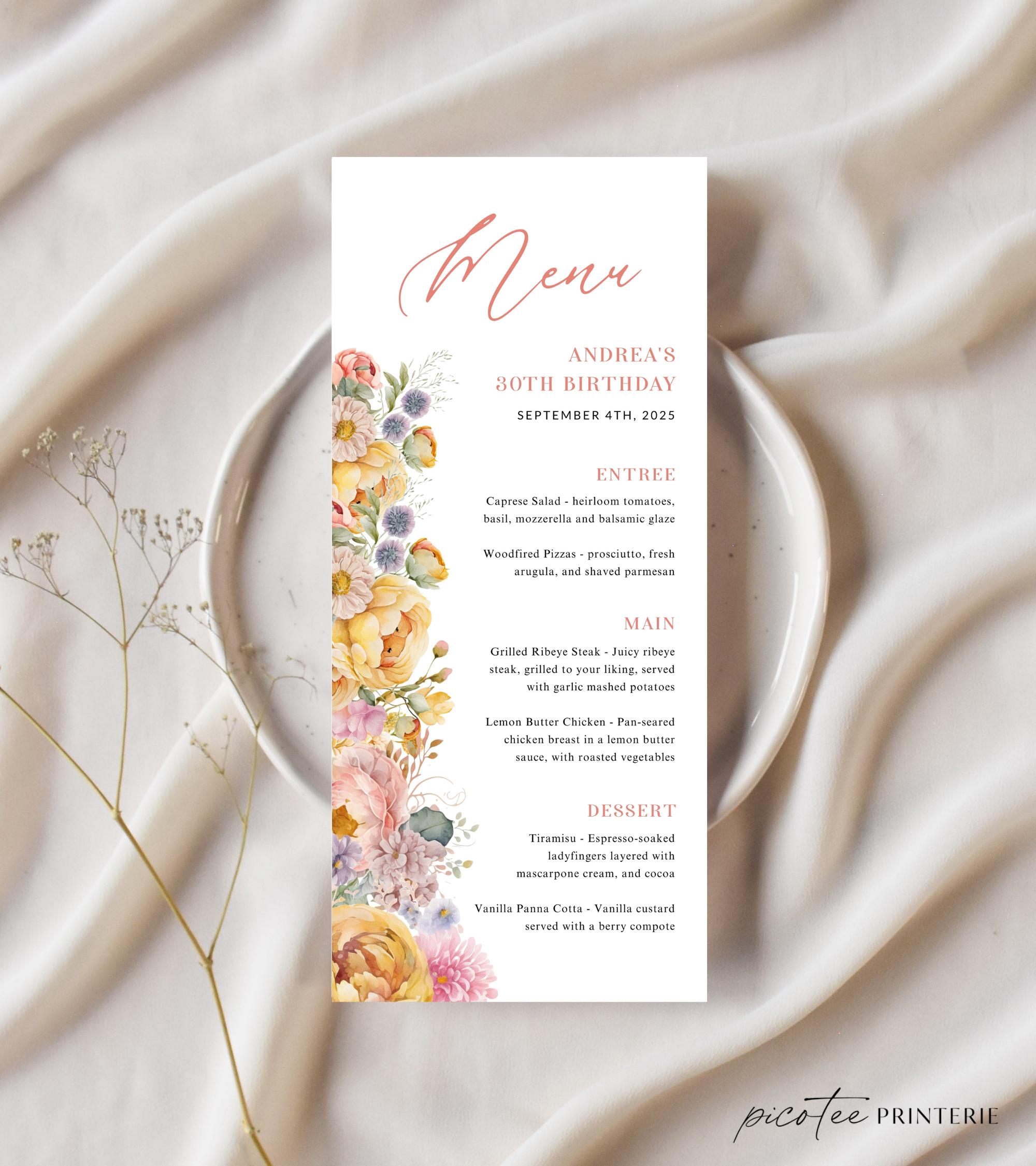 Yellow Floral Menu Card Printable Template, Modern Flowers Editable ...